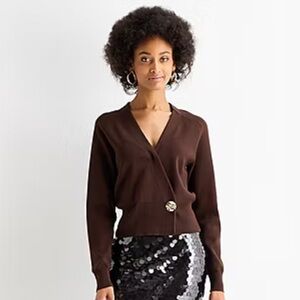 Worthington Chocolate Brown V-Neck Wrap Cardigan with Decorative Button Sweater